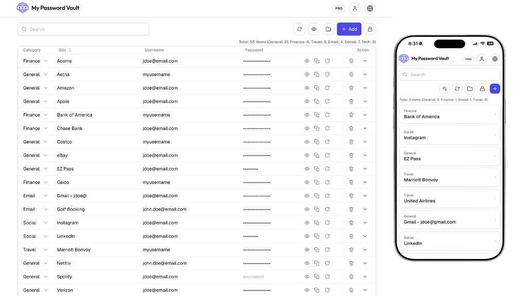 Vault spreadsheet on web and iPhone
